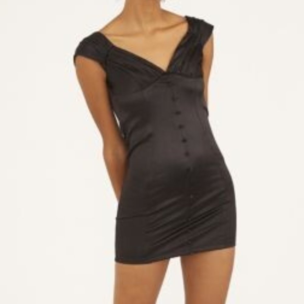 Kiss The Sky Satin Button-front Mini Dress In Black